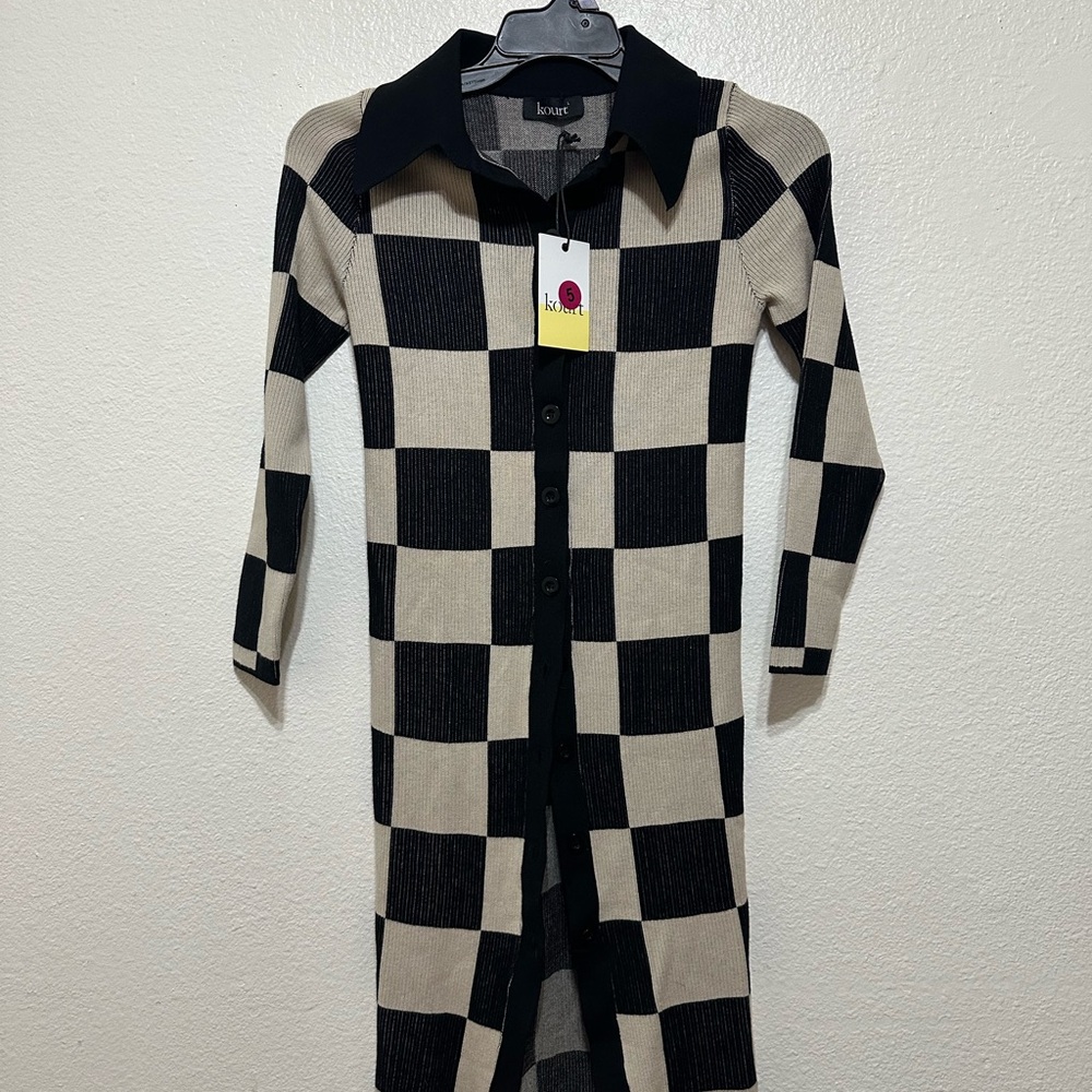 Black and Cream Checkered Long Cardigan